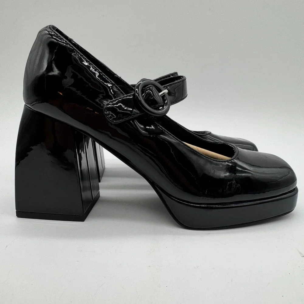 Cellenz Black Patent Mary Jane Platform Pumps Square Toe Block Heel Womens 8